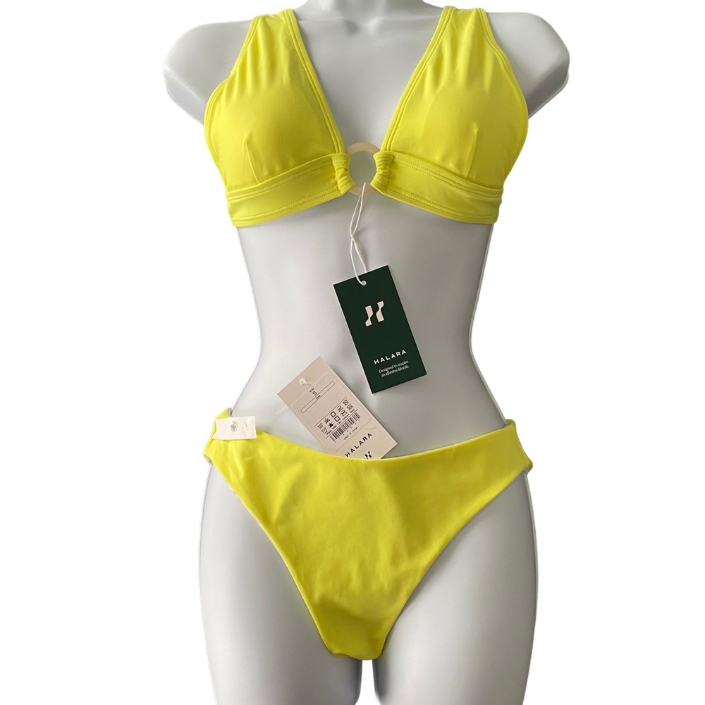 Halara Small NWT bikini. Lemon yellow with reversible striped bottoms. Tie back